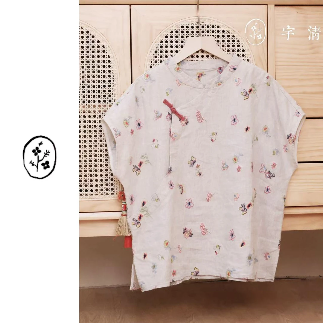 [花花世界] 松弛慵懒童趣感麻料小衫旗袍上衣