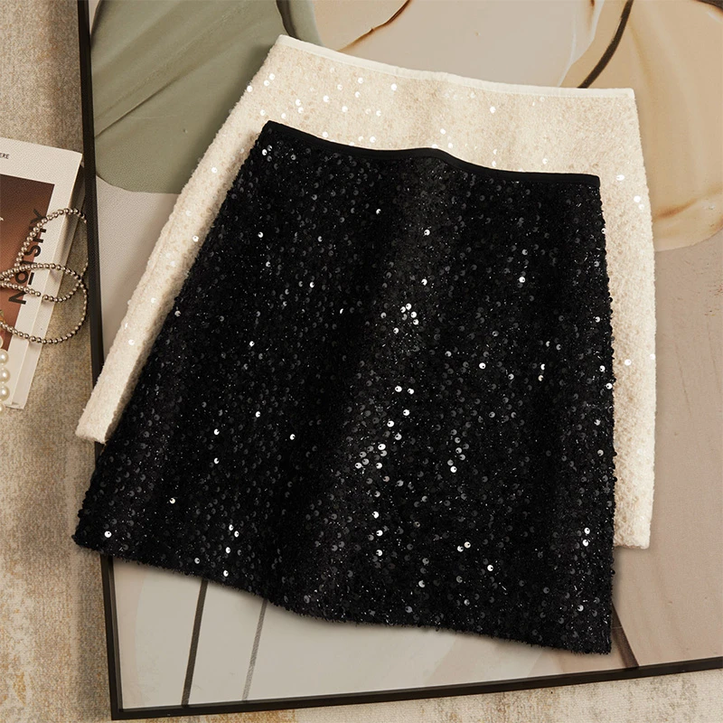 丝柏舍2025冬装新款款女装气质优雅显瘦亮片高腰半身裙S43R6988B