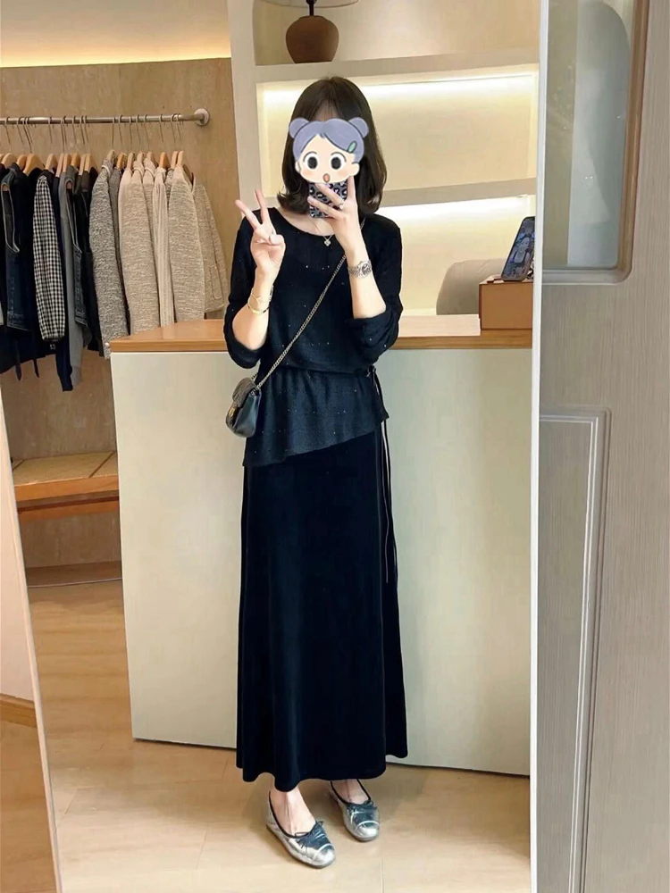 韩系极简高级感穿搭巨好看轻熟打底衫上衣黑色绑带长袖t恤女25秋