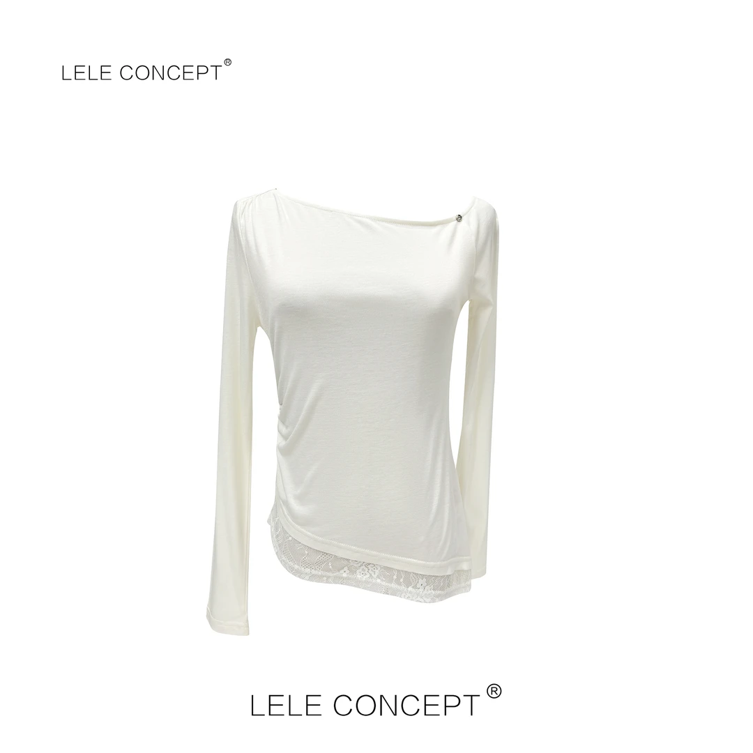 LELE CONCEPT｜拼蕾丝一字领上衣打底衫气质S0895