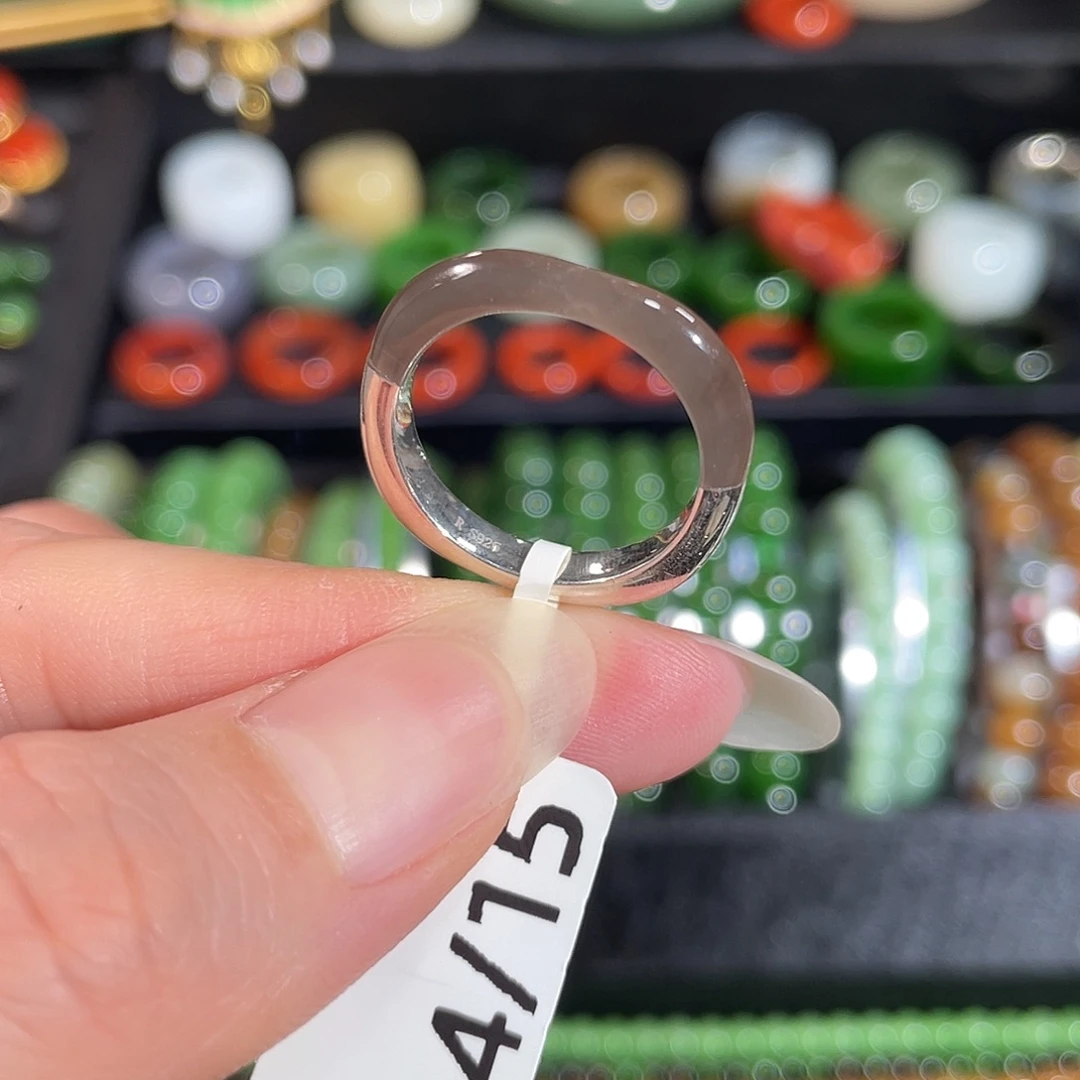 和田玉银S925镶嵌戒指内径17 茶紫方圆