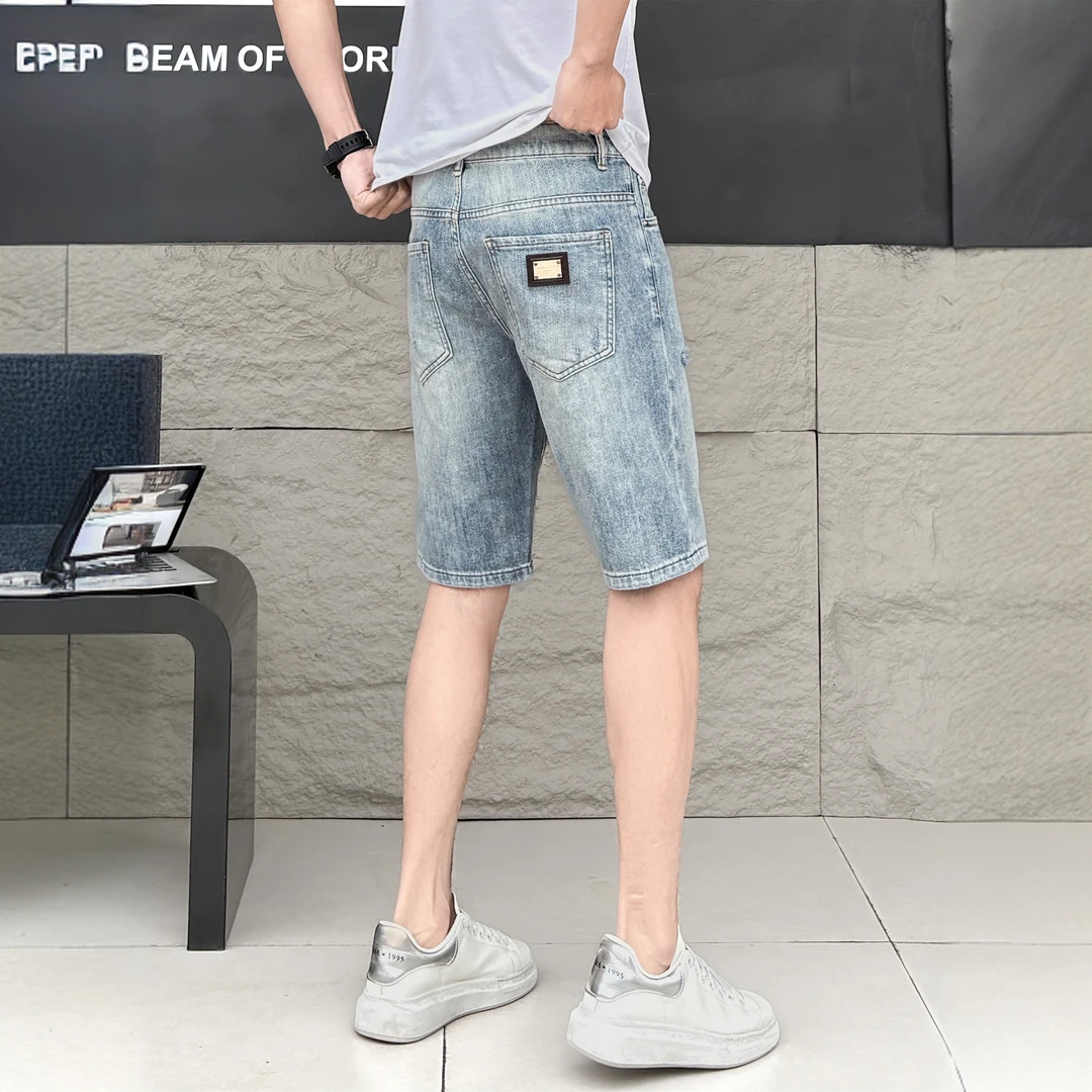 卢密洛布登破洞牛仔短裤男士夏季薄款潮牌中裤休闲直筒宽松六分裤