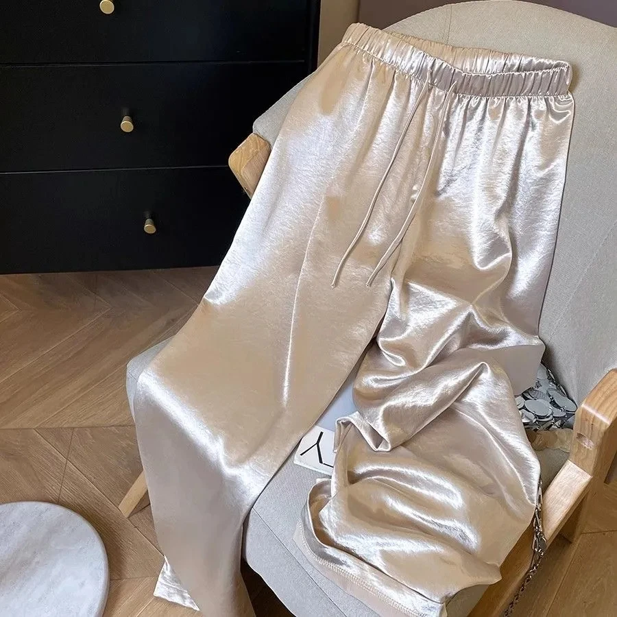 高级感醋酸缎面阔腿裤女夏季新款松紧高腰肌理感垂感休闲直筒长裤