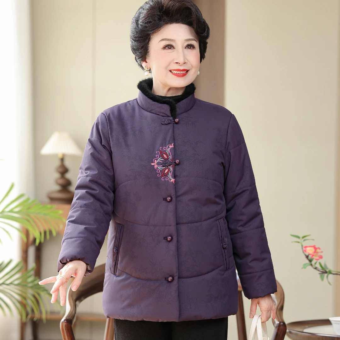 老年人妈妈冬季棉服老太太新中式外套奶奶装兔毛领子加厚棉衣保暖