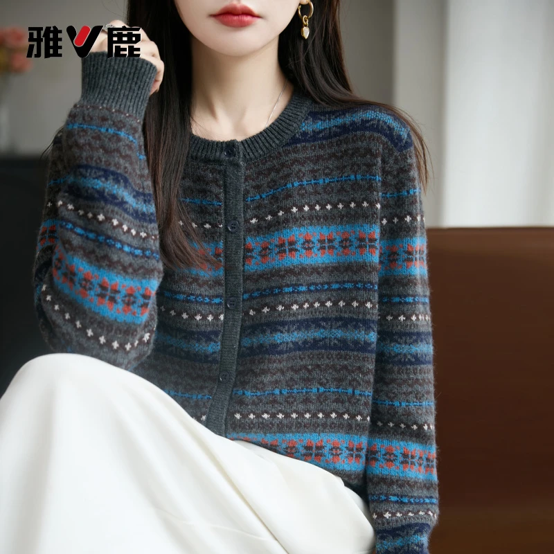 雅鹿优选法式费尔岛提花针织开衫女外套毛衣2025新加厚保暖宽松显