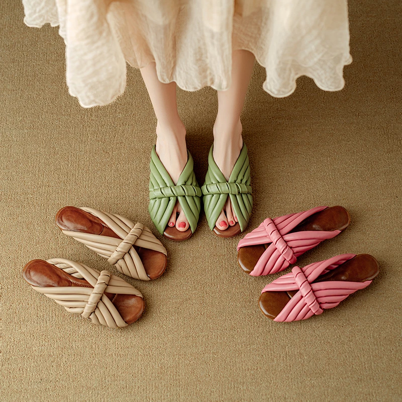 小众设计感鱼嘴凉拖鞋女夏外穿真皮时尚百搭露趾平底一字拖鞋大码