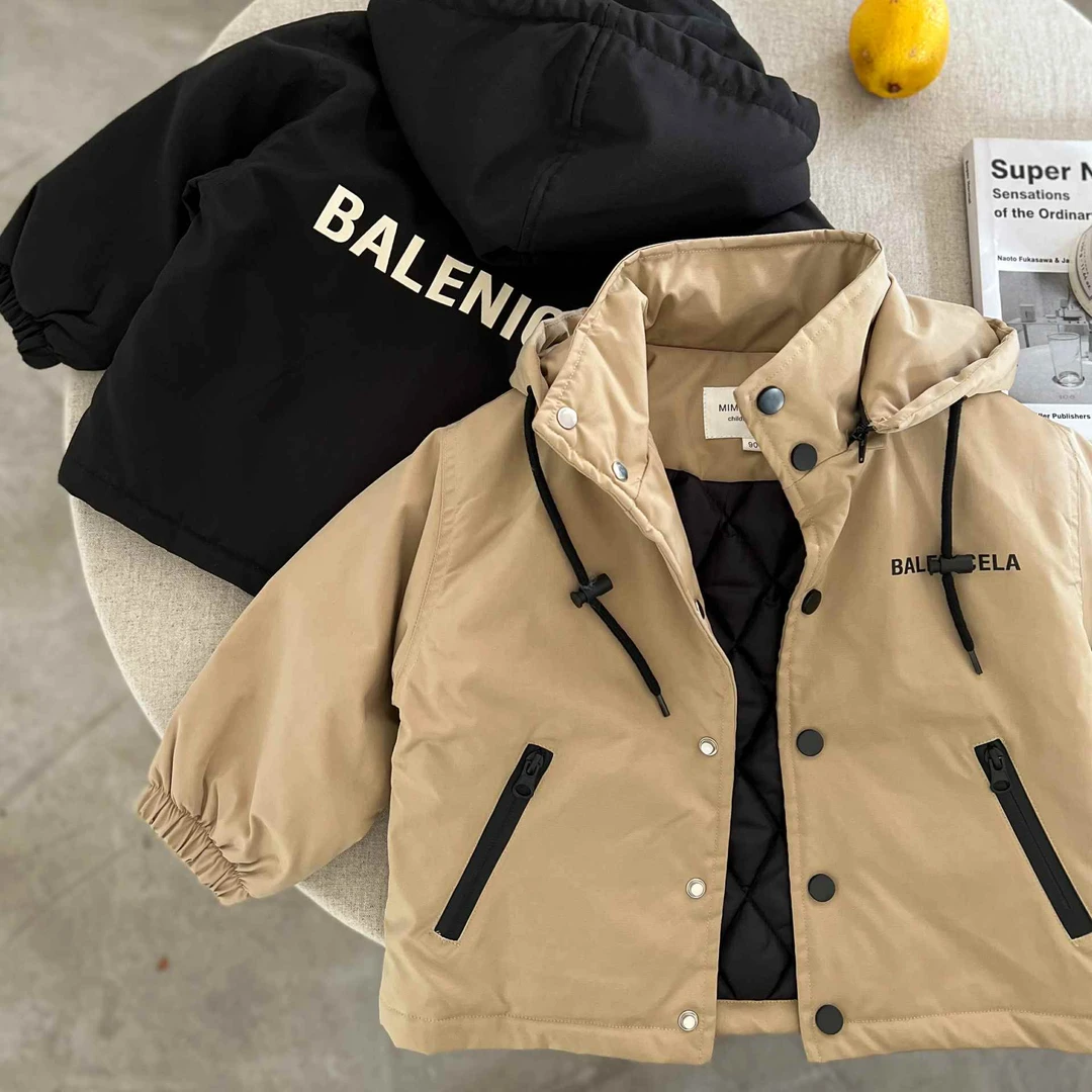 儿童冲锋衣男童夹棉冬季款小童纯色棉服宝宝可拆卸连帽外套三防