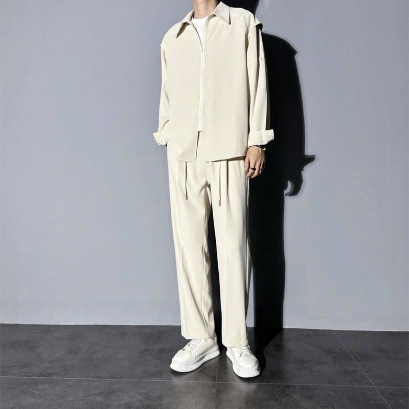 莱德的搭配夏季冰丝垂感男士时尚休闲衬衫直筒裤痞帅百搭两件套装