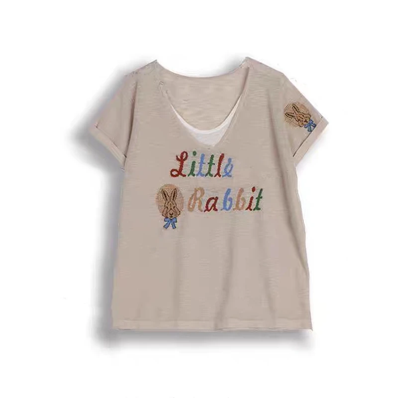 夏季新款！捂脸兔T恤麻感竹节假两件撞色字母轻薄短袖上衣