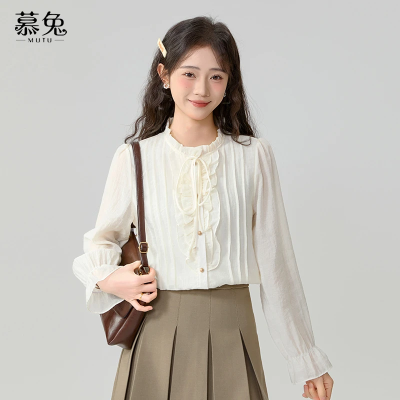 【粉丝专属】23735法式蕾丝压褶长袖衬衫女设计感小众立领长袖上衣