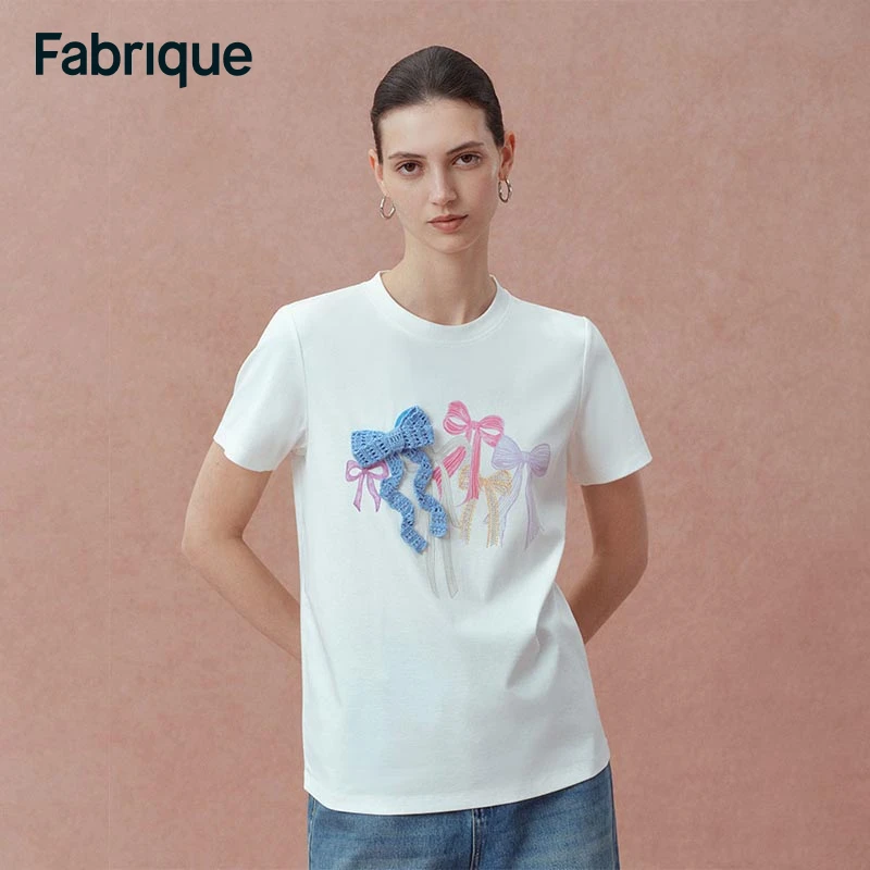 Fabrique Ivy 春夏新款蝴蝶结钩针烫钻印花桑蚕丝棉休闲短袖T恤