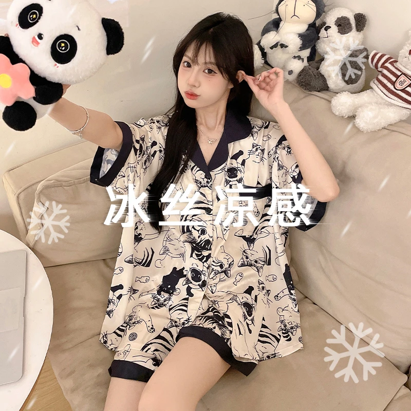 可外出睡衣女夏家居服甜美学生短袖2025年新款简约高级冰丝两件套