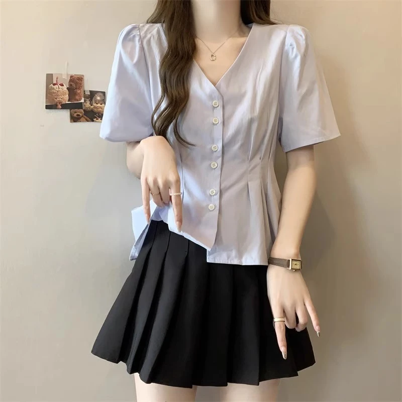 法式V领蓝色短袖衬衫女夏新款大码收腰娃娃衫高端高级感气质上衣