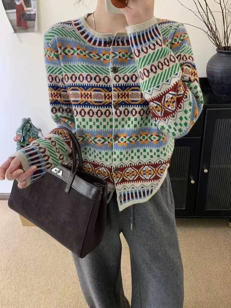 【超细绵羊毛】费尔岛复古民族风提花圆领针织开衫女春装毛衣外套