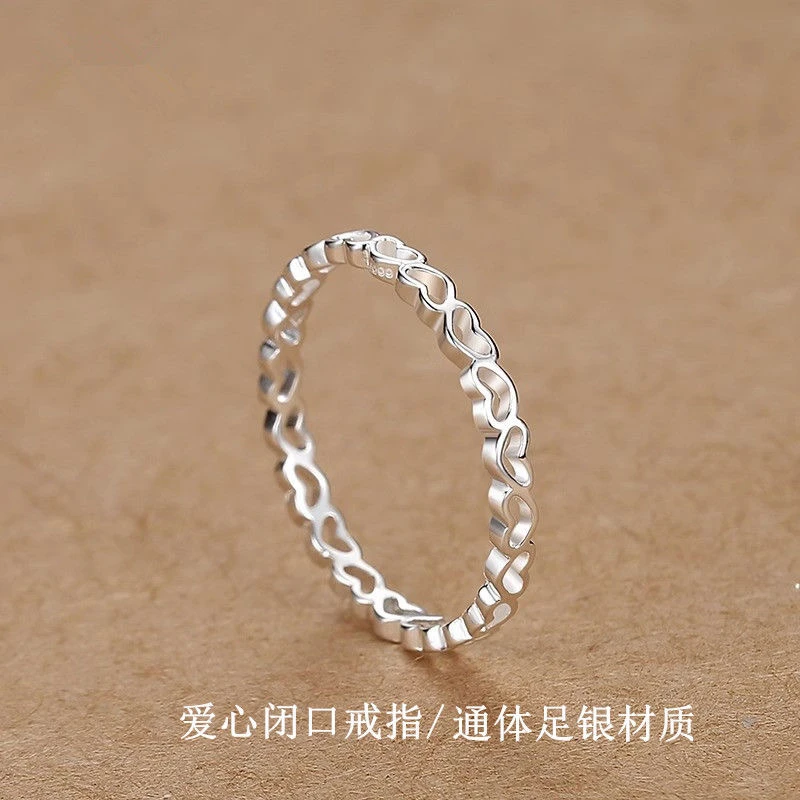 足银戒指 990足银戒指女款爱心食指戒纯银指环闭口尾戒送女友闺蜜