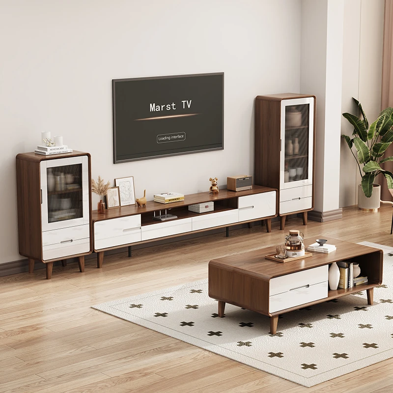 现代简约实木客厅方形小户型家用电视机柜茶几组合一体北欧地柜
