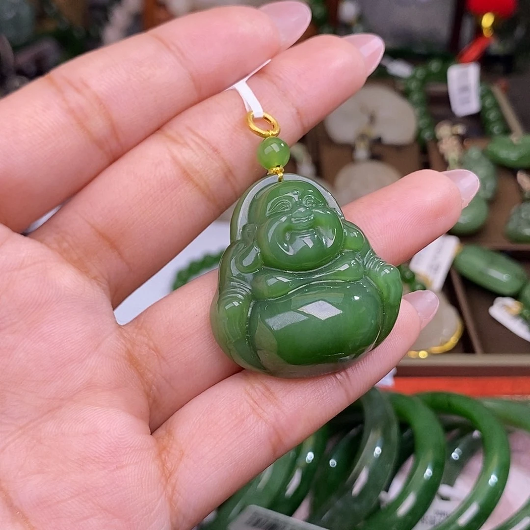 和田玉碧玉老料满色满绿金镶佛公未镶嵌