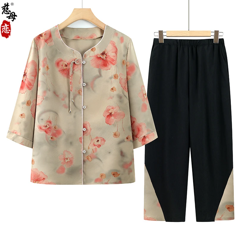 中老年人妈妈夏装衬衫七分袖2025新款奶奶新中式老太太衣服两件套