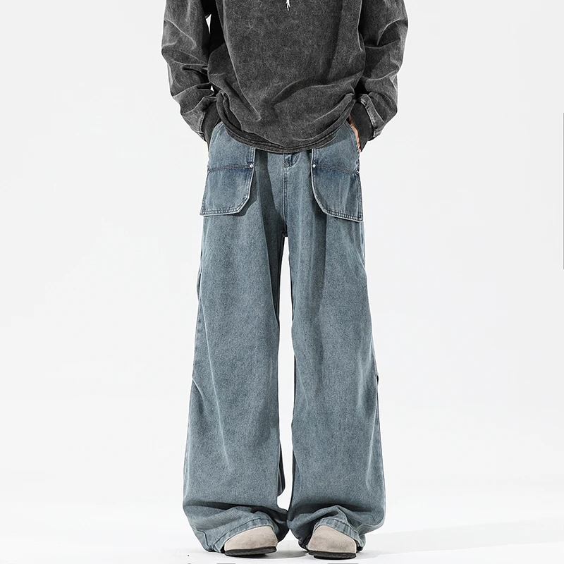 HiPanda水洗做旧牛仔裤潮流时尚高街宽松复古百搭K94大码