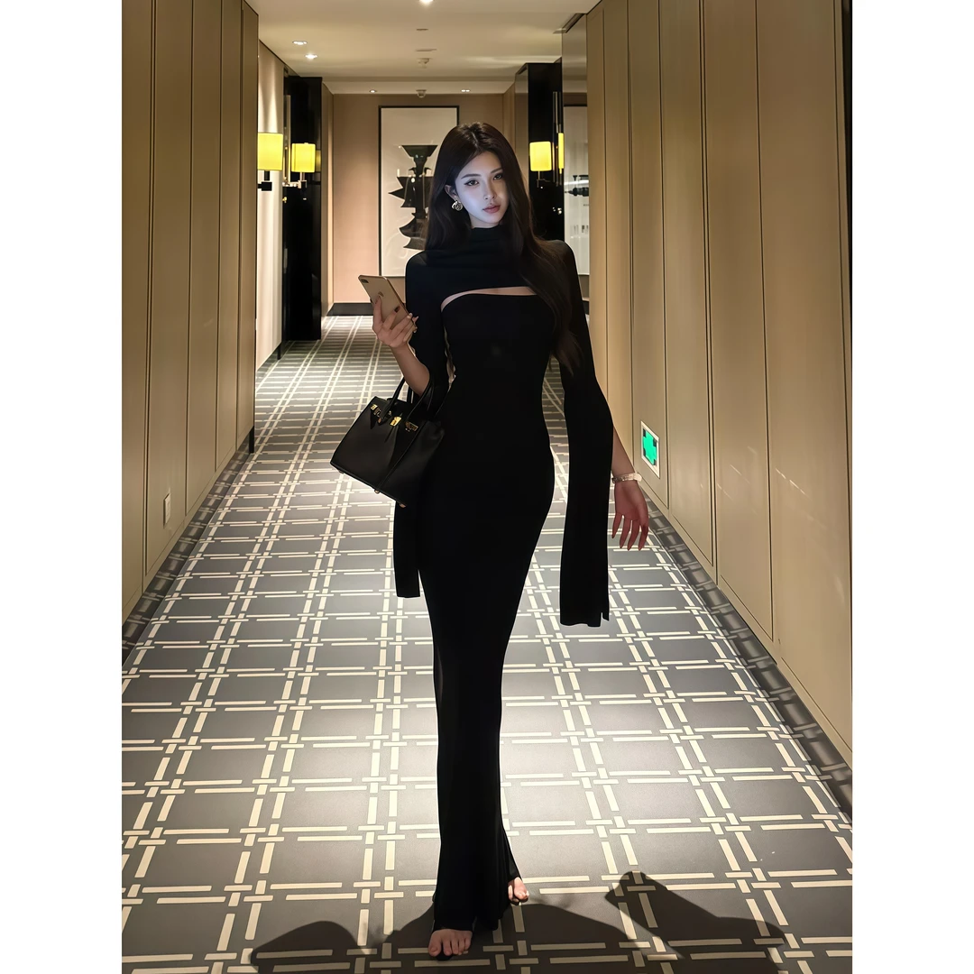 辣妹高级感时尚披肩上衣女秋季新款纯欲风性感抹胸包臀连衣裙套装