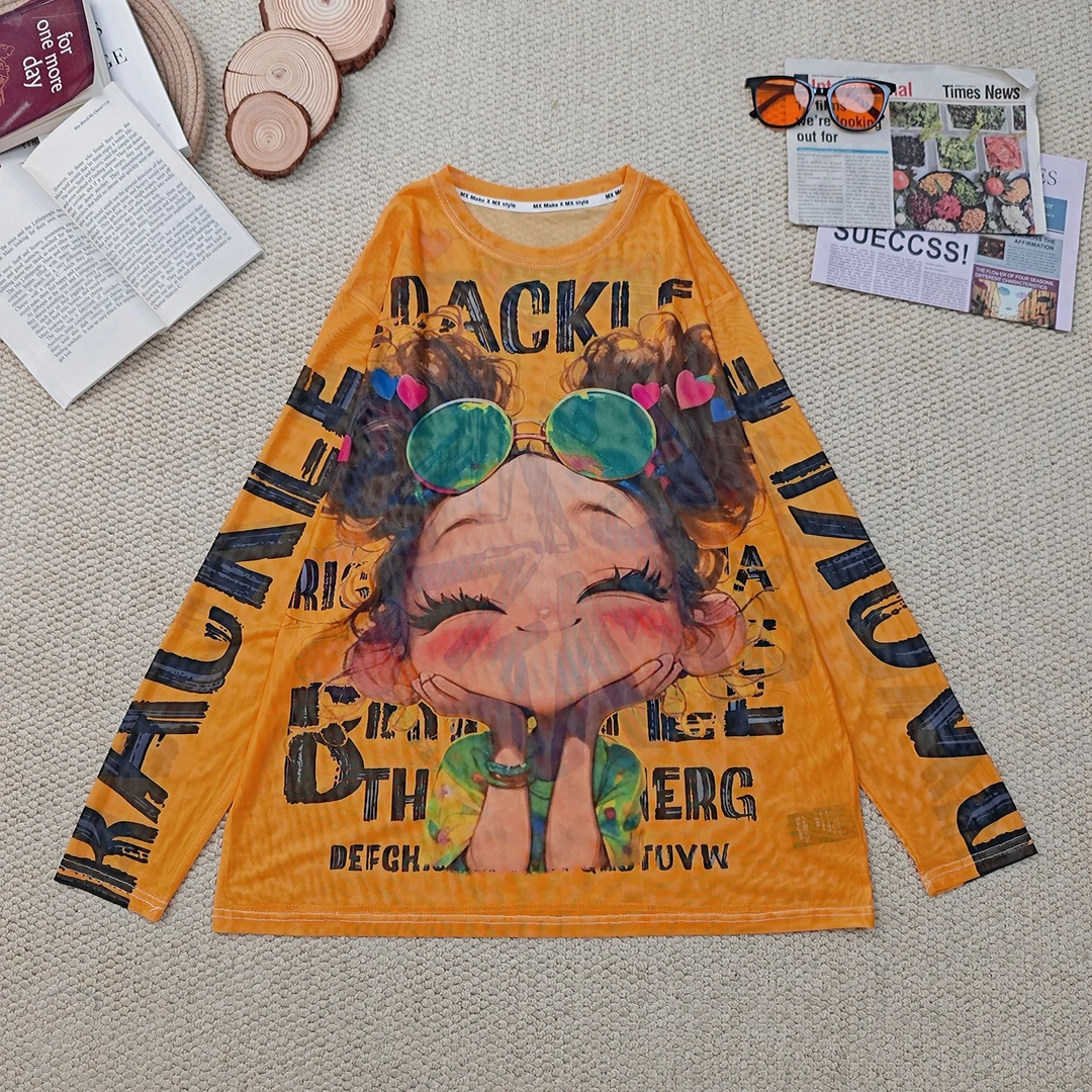 2025夏季新款宽松网纱镂空网眼卡通印花防晒长袖T恤3375