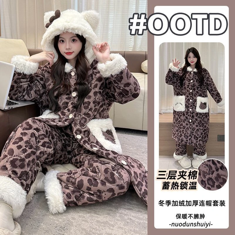 加绒加厚2025年新款秋冬款珊瑚绒睡袍女海岛绒三层夹棉家居服套装