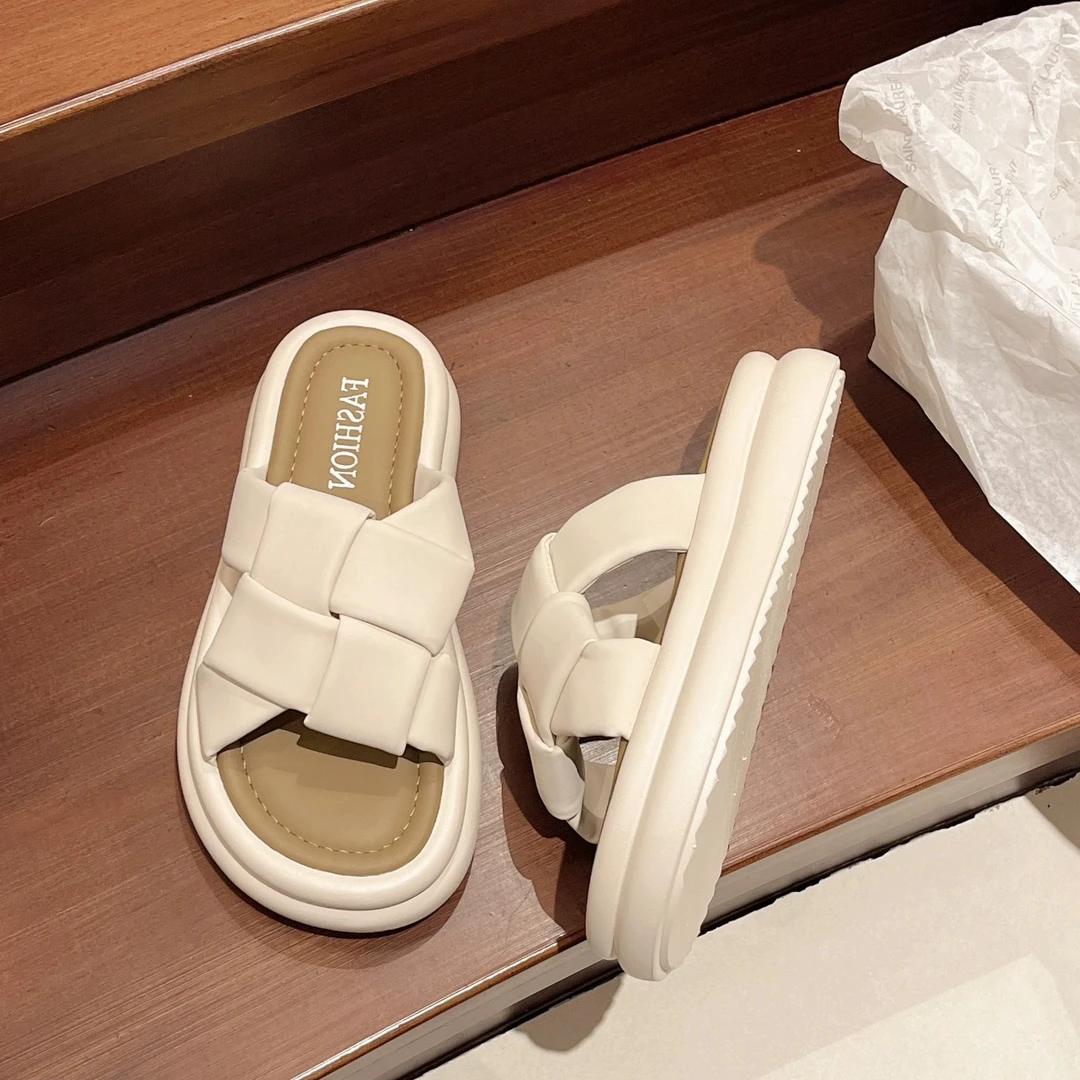 厚底编织拖鞋女外穿2025夏季新款高级感时尚沙滩防滑一字凉拖-G