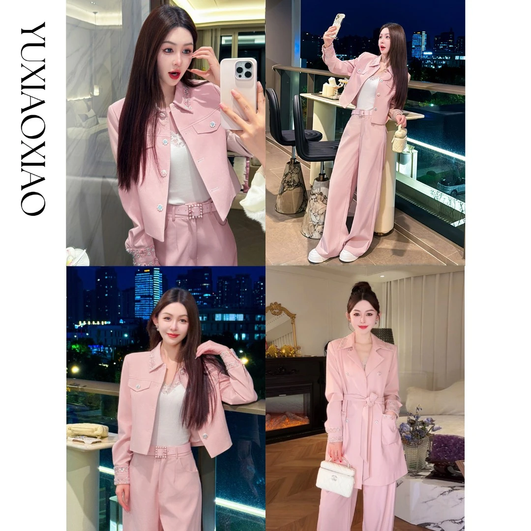 余潇潇【甜心工坊】珠片刺绣皮质翻领长款风衣&短款外套&宽松直筒裤