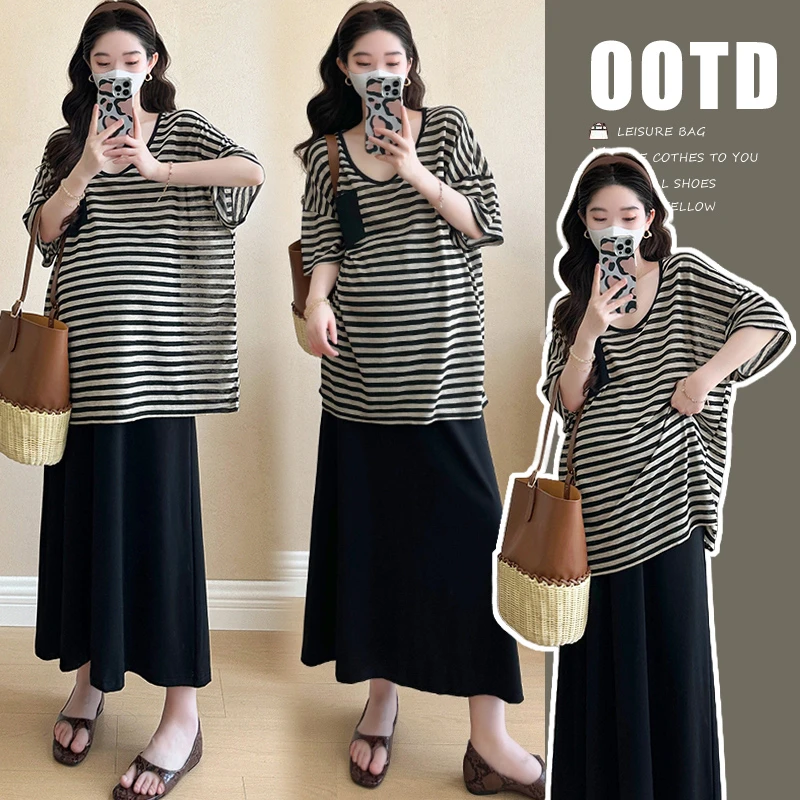 韩版宽松连衣裙夏季孕妇装2025新款潮款条纹短袖上衣显瘦半身裙女
