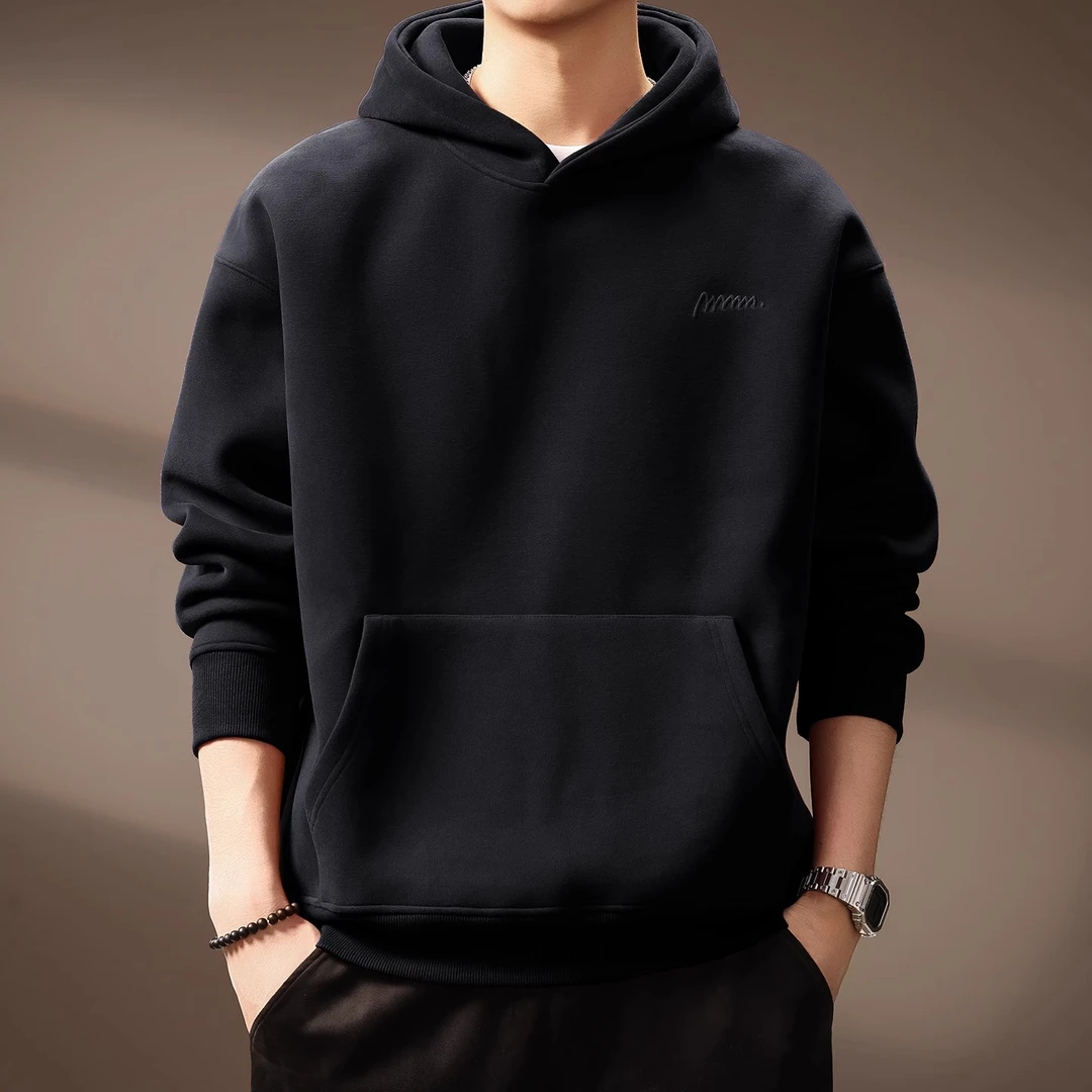 高端简约刺绣长袖连帽卫衣男士2025冬季新款潮流休闲宽松套头外套