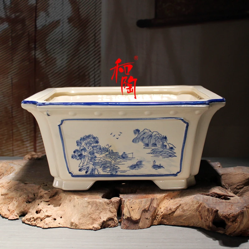 简约中式青花瓷陶瓷花盆大口径方形盆景盆