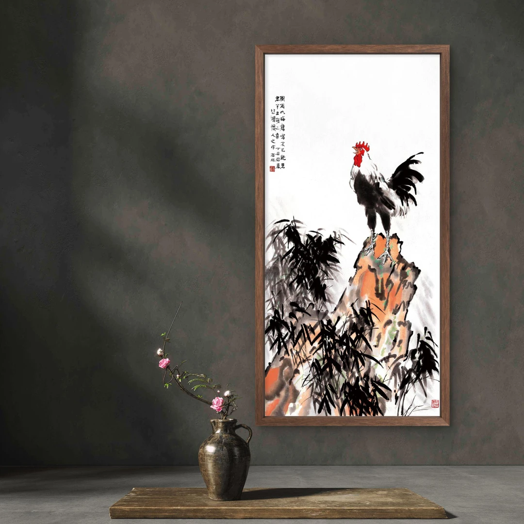 063-35*68鸡鸣富贵图中式装饰画木框玄关书房茶室客厅挂画