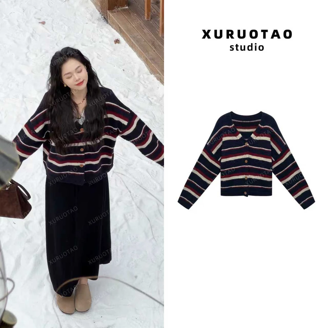 XURUOTAO【古着条纹】羊毛条纹设计时髦显瘦条纹开衫上衣 T6060