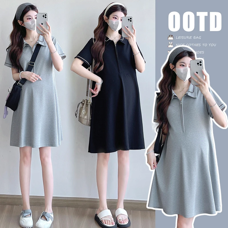 2025孕妇装夏季新品翻领连衣裙中长款POLO领宽松显瘦大码遮肚