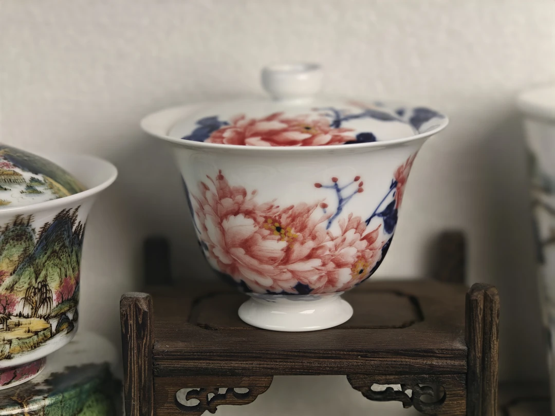 【忠意堂】釉下彩高温瓷手绘红牡丹陶瓷盖碗茶具