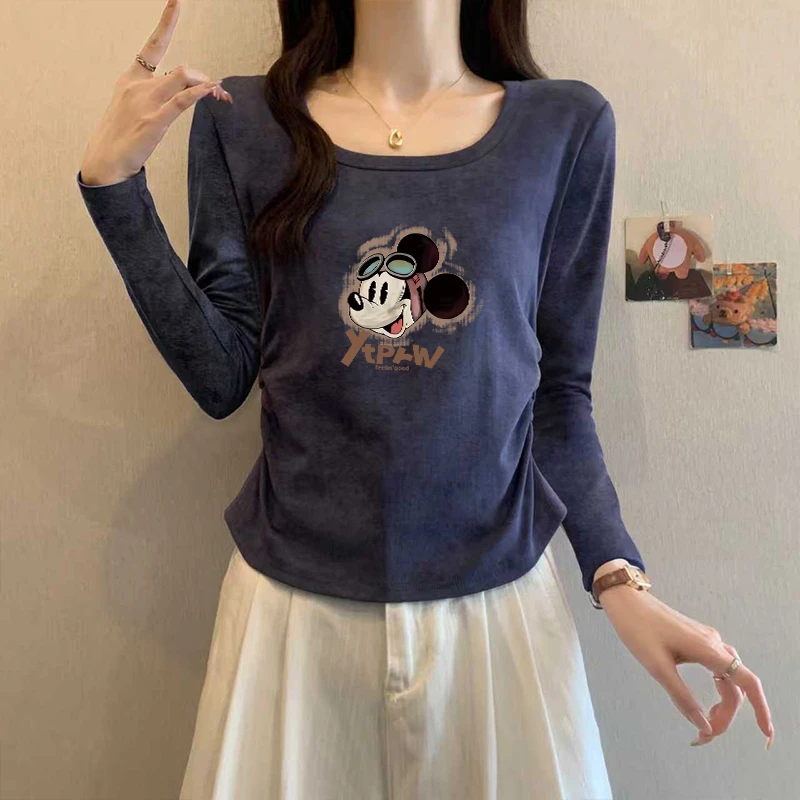 秋季方领纯棉扎染正肩长袖t恤女收腰辣妹风短款U领打底衫内搭上衣