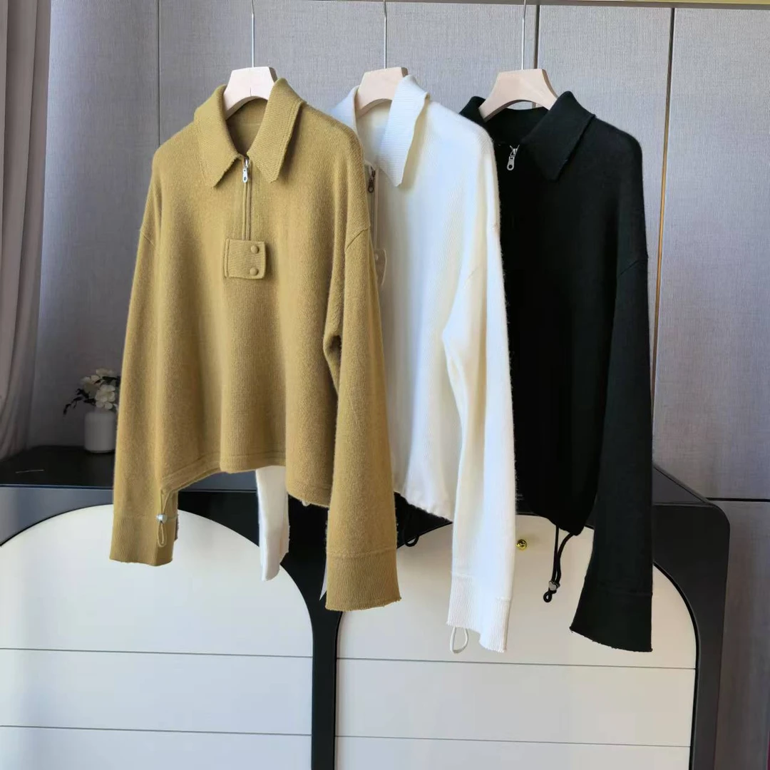 GY158紫标系列-衬衫翻领半拉链纽扣设计款下摆抽绳山羊绒衫木子