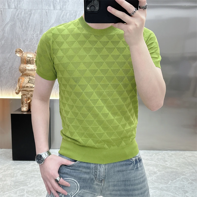 2025新款男士夏季高品质冰麻冰丝针织时尚潮流圆领撞色短袖25221