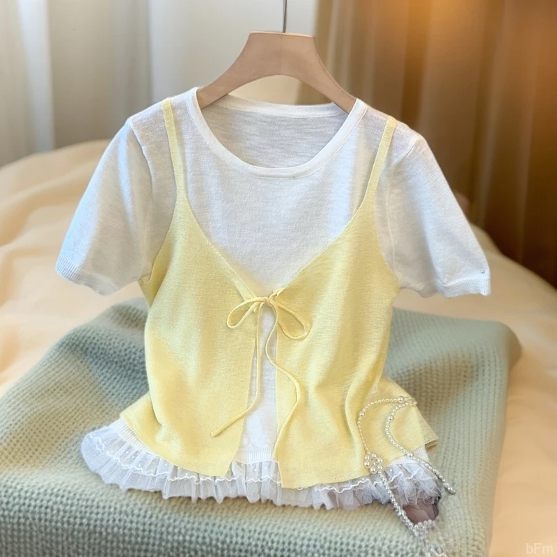 蕾丝洋气假两件针织T恤女2025夏季多巴胺温柔风独特别致绝美上衣