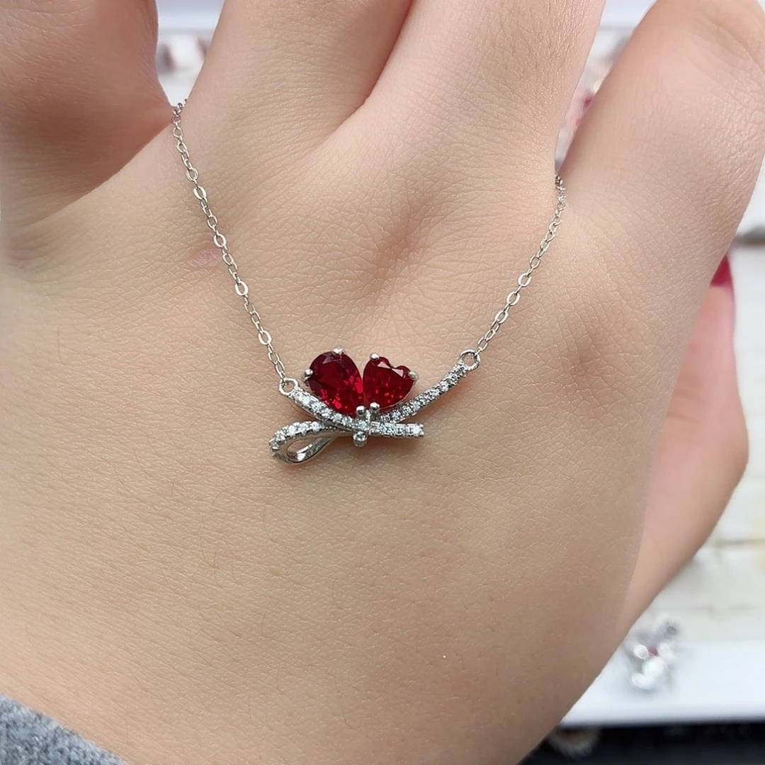 坠链均925银培育鸽血红色宝石