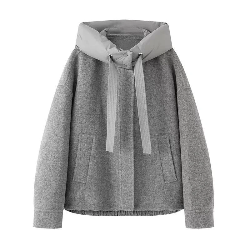 艾家商场同款加厚款绵羊毛落肩连帽双面呢外套AB103023