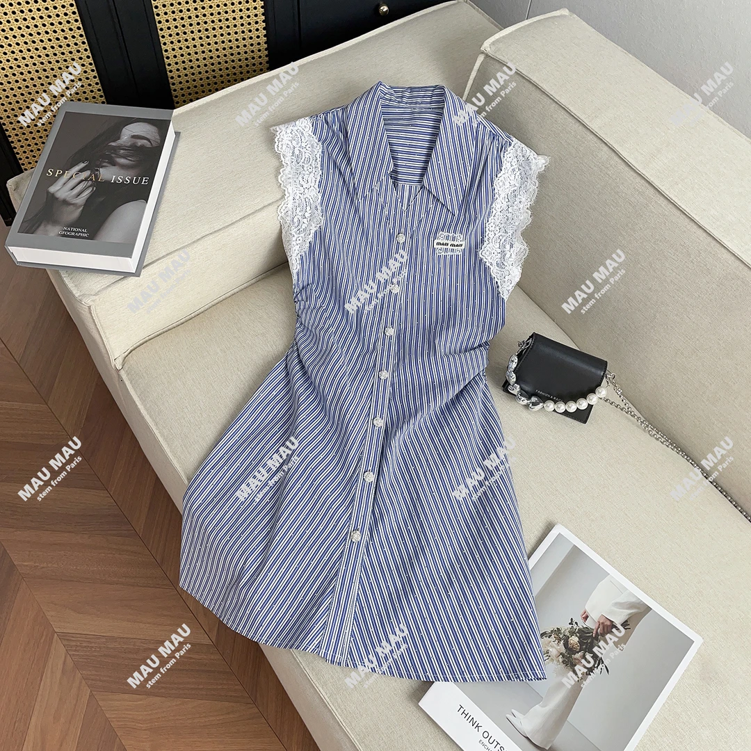 2025夏季高端女装学院风蕾丝条纹收腰衬衫背心连衣裙DY7582