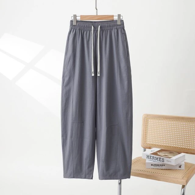 夏季薄款斜纹冰皱速干弯刀裤女透气宽松百搭阔腿裤高腰大码九分裤