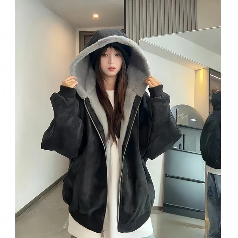 300斤大码女装美式复古vibe座山雕加绒连帽皮棉衣女胖mm遮肉外套