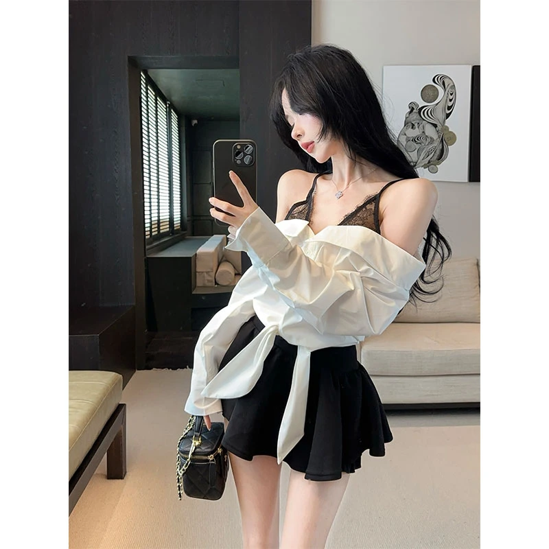 2025秋季新款假两件蕾丝拼接衬衫一字肩绑带上衣性感百搭短裙套装