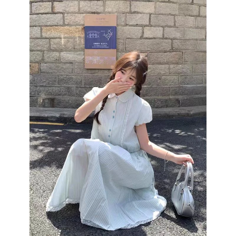 甜美条纹短袖娃娃领衬衫中长款半身裙套装裙两件套女夏