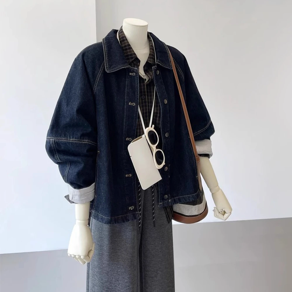 时尚深蓝色复古长袖拼色牛仔外套女水洗韩版宽松休闲日系牛仔上衣