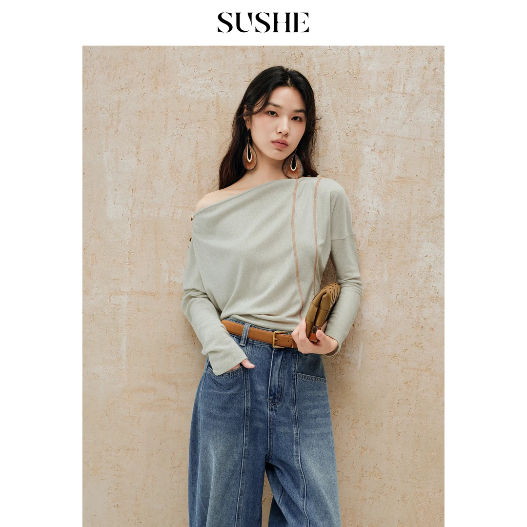 束皙SUSHE柚笺极繁失序感雪花麻感长袖装饰收腰秋冬百搭T恤上衣女