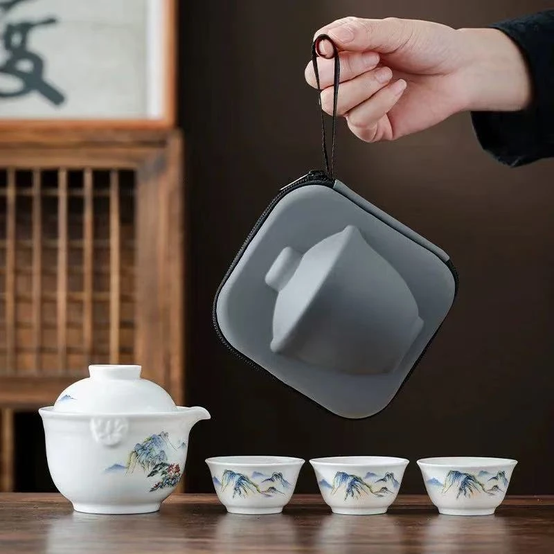 ST-Y4633羊脂玉快客壶+3杯旅行包【山水】灰皮包