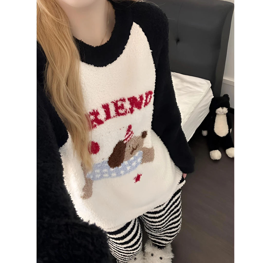 【DMXJ大梦想家】韩系腊肠狗半边绒睡衣女冬季款针织保暖家居服套装